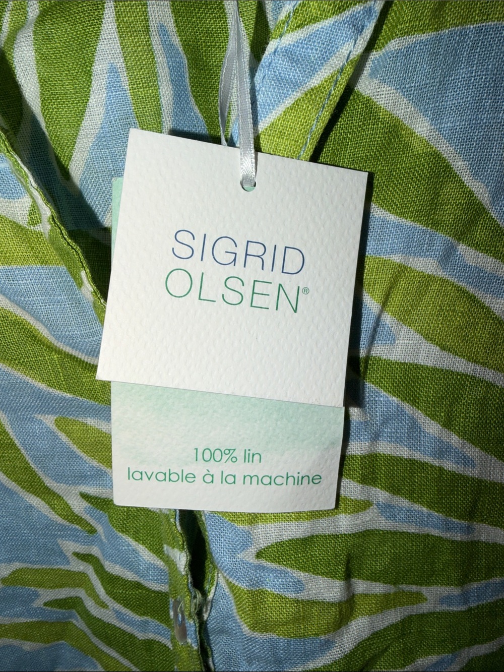 Blue and Green Palm-Print 100% Linen Button-Front Shirt - Picture 3 of 8